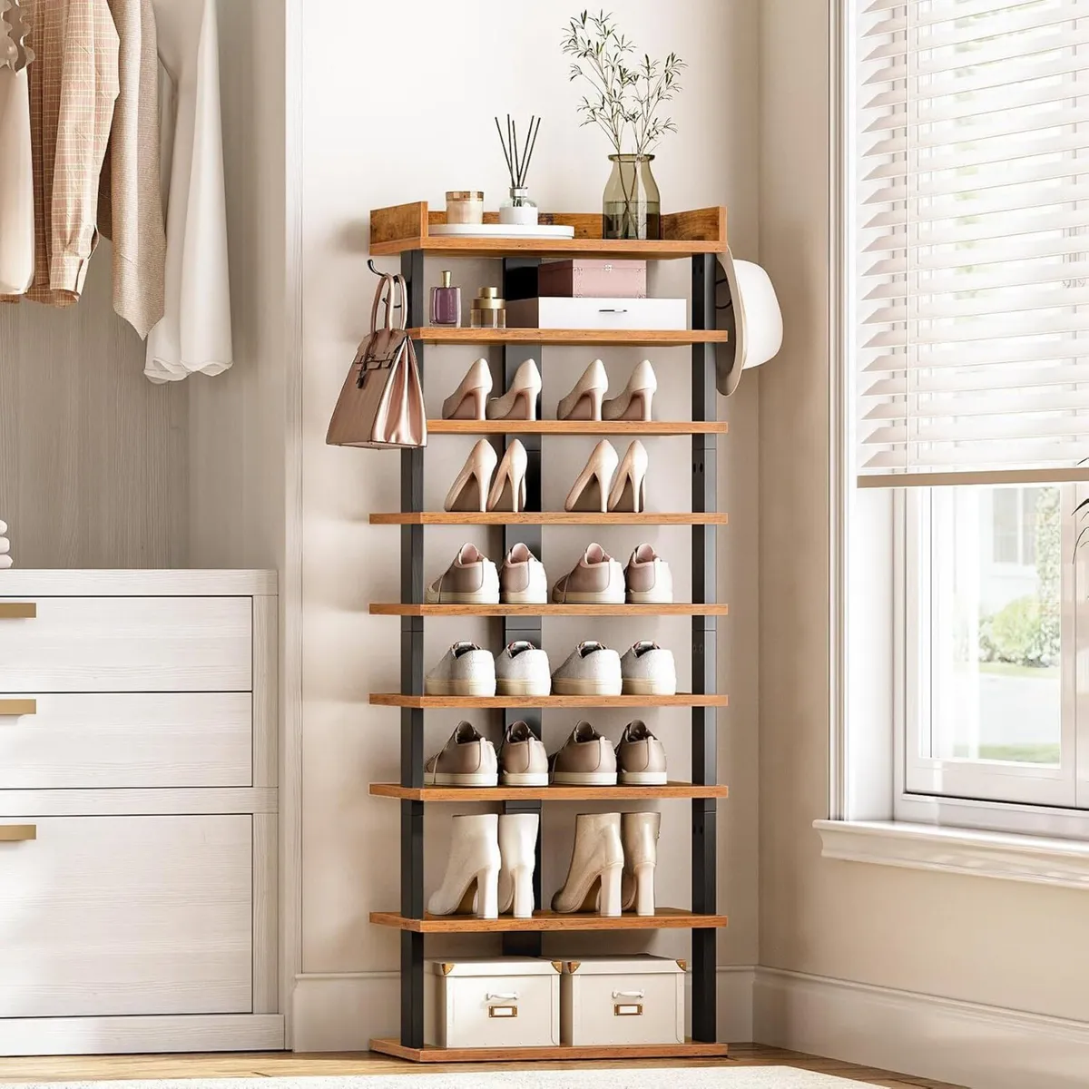 Narrow 9-Tier Tall Shoe Rack Wooden Storage - Image 4