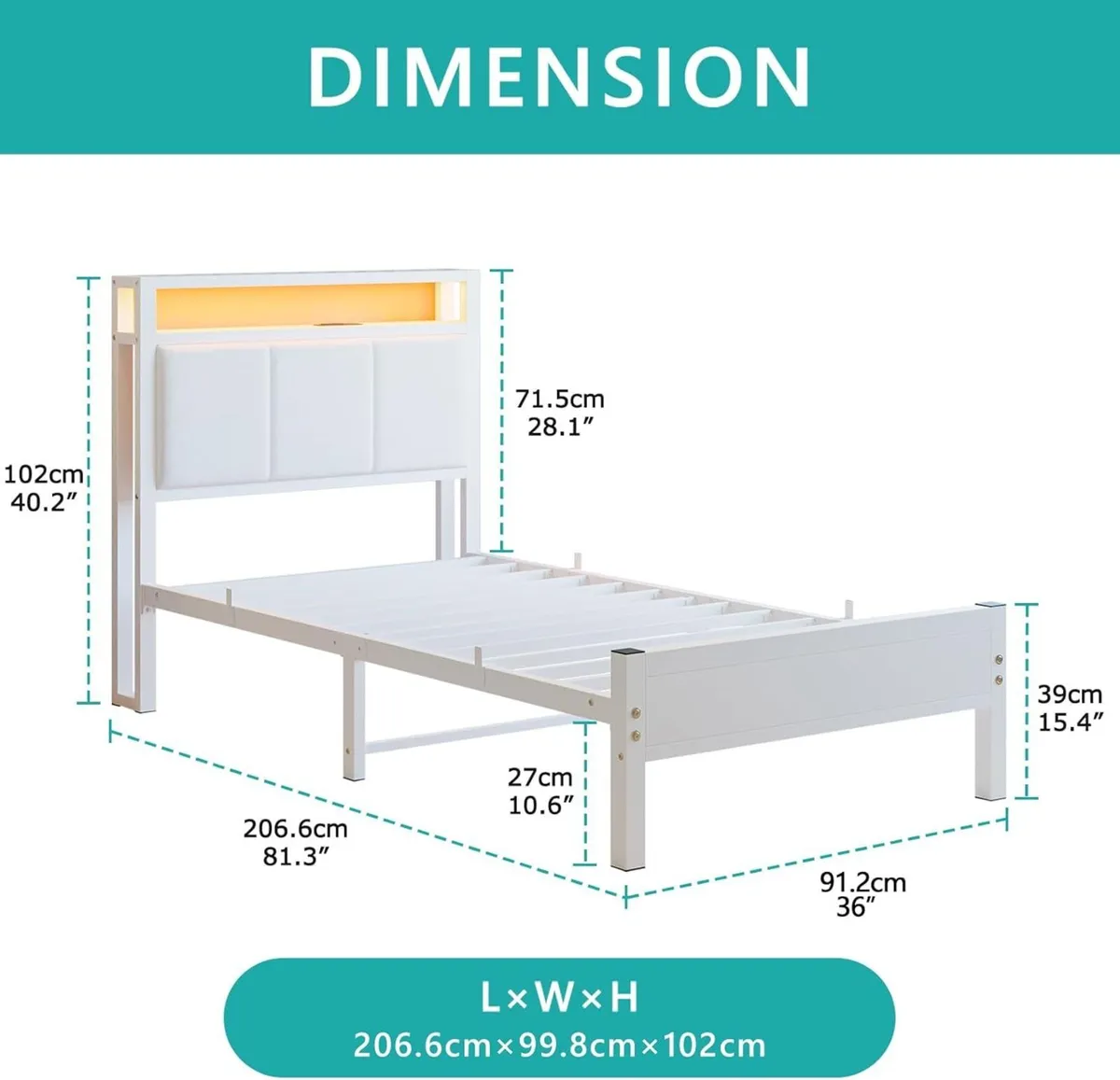 3FT Single Bed Frame with LED Lights and Charging - Image 2