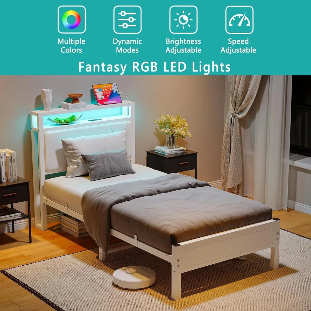 3FT Single Bed Frame with LED Lights and Charging - Image 3