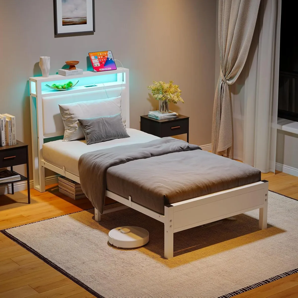 3FT Single Bed Frame with LED Lights and Charging - Image 1