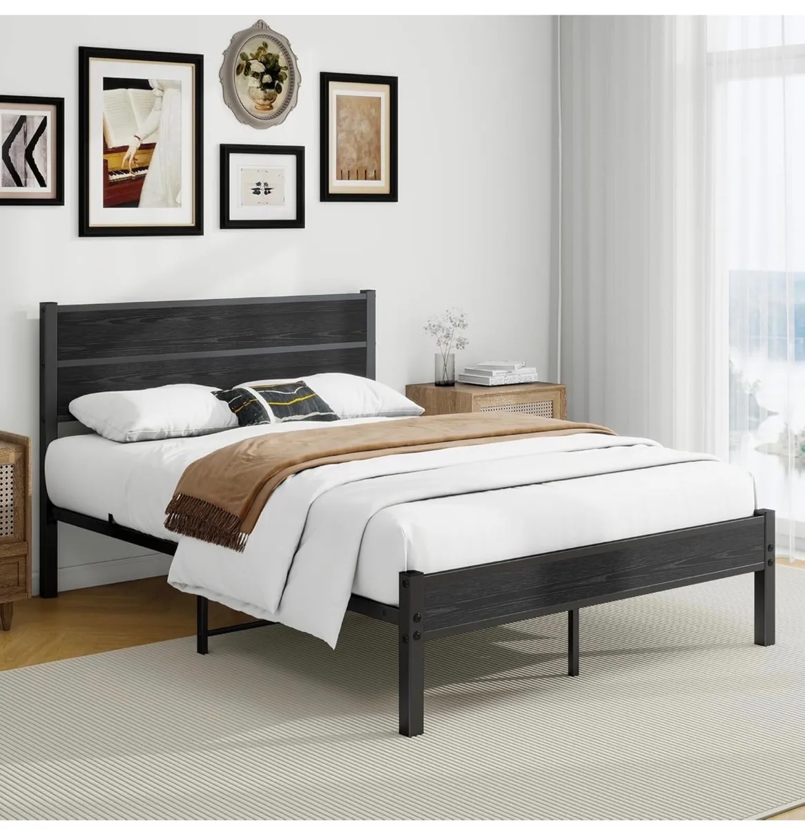 Double Bed Frame with Wooden Headboard - Image 1