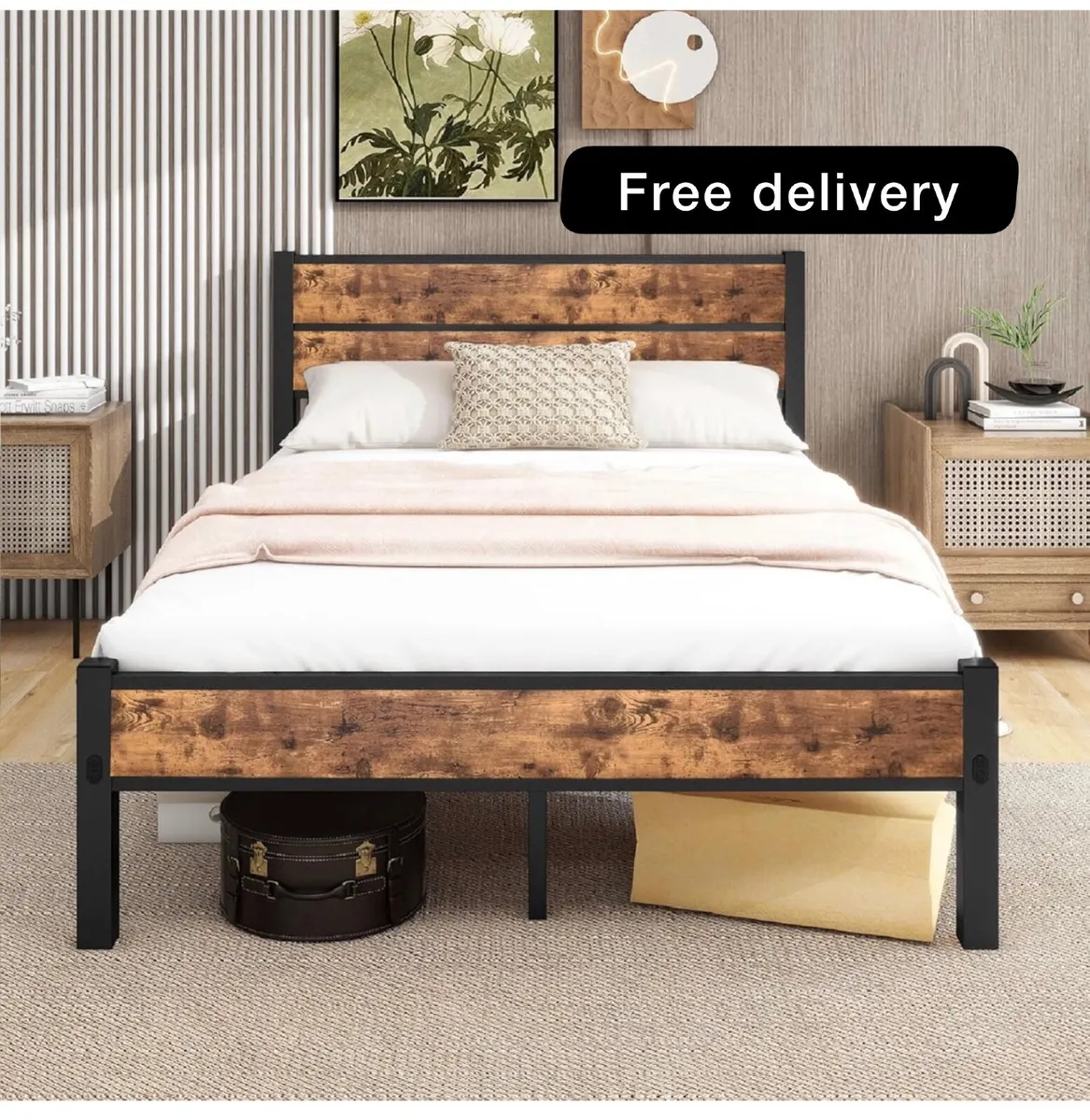 Double Bed Frame with Wooden Headboard - Image 1