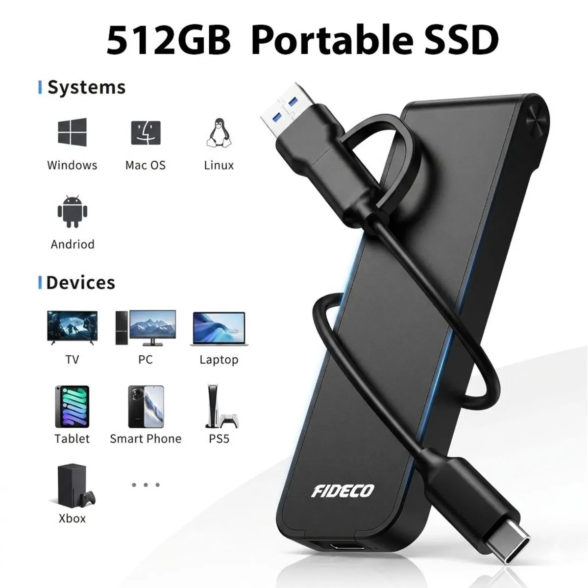 512GB Portable External SSD USB-C 10Gbps Drive - Image 1