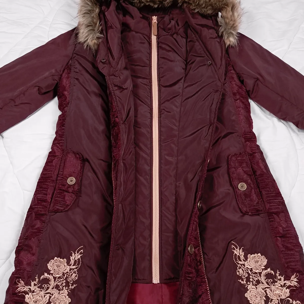 Joe Browns Burgundy Red Floral Puffer Coat 14UK - Image 2