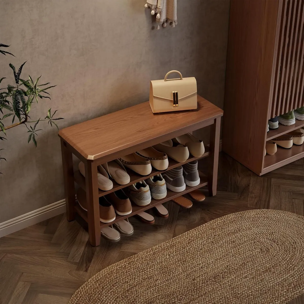 Small Shoe Bench Storage with Seat Wooden Rack - Image 1