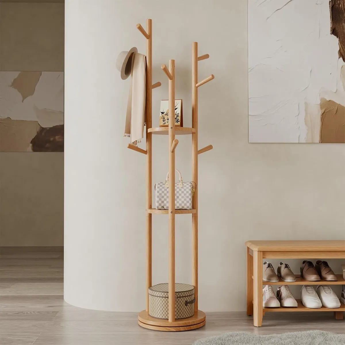 Coat Stand Wooden Rack with 3 Storage Shelves and - Image 1