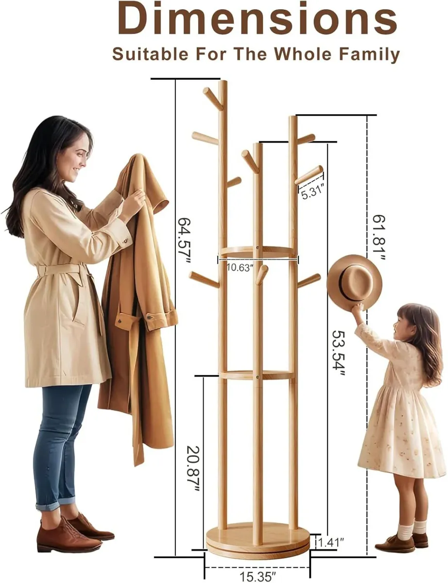 Coat Stand Wooden Rack with 3 Storage Shelves and - Image 2