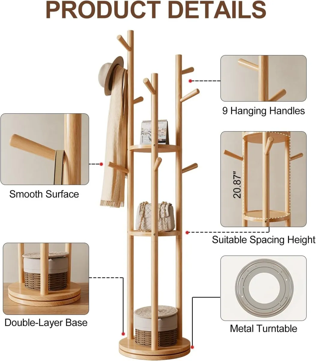 Coat Stand Wooden Rack with 3 Storage Shelves and - Image 3