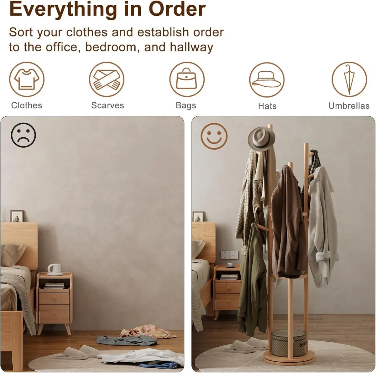 Coat Stand Wooden Rack with 3 Storage Shelves and - Image 4