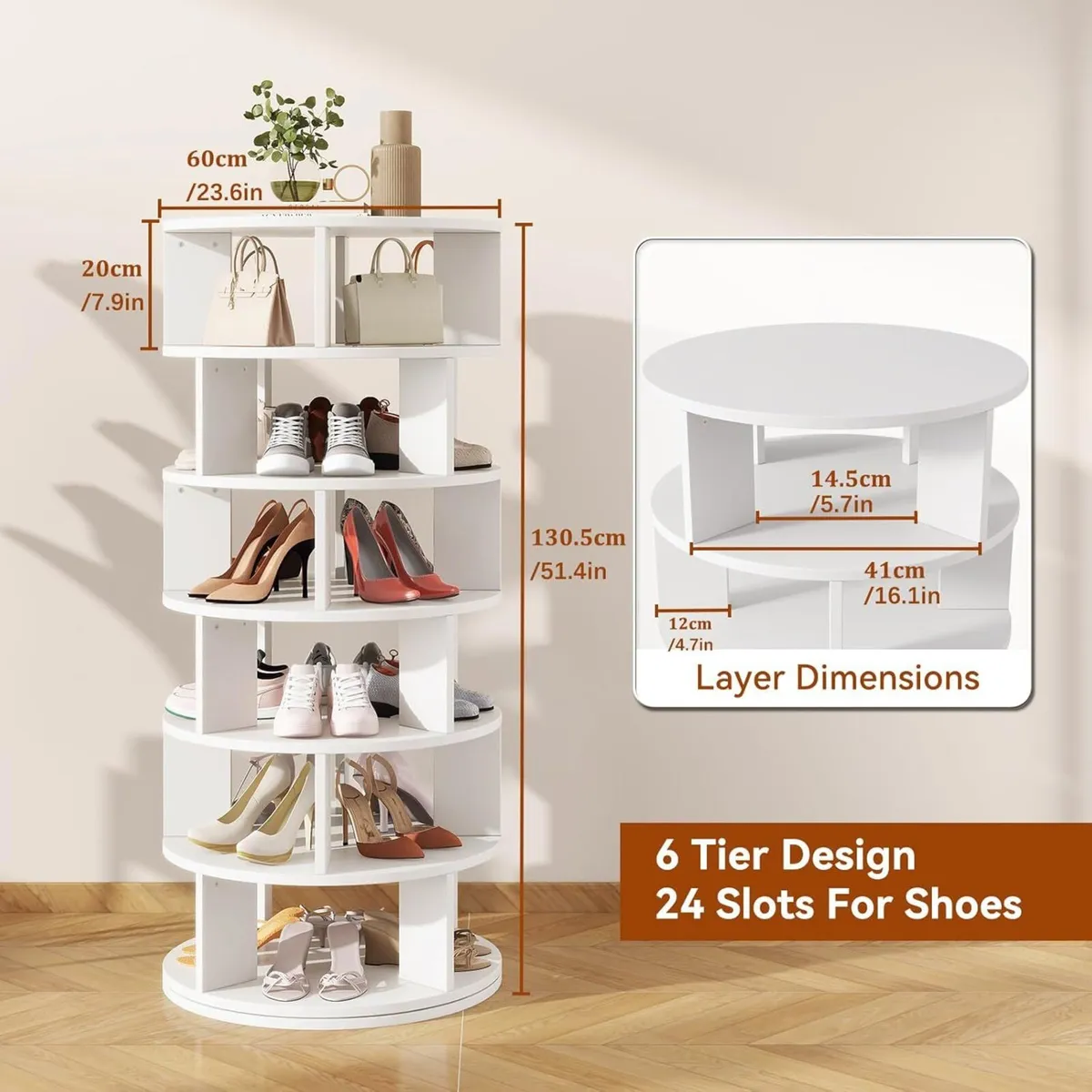 6 Tier Rotating Shoe Rack Wood 360degreesSpinning - Image 3