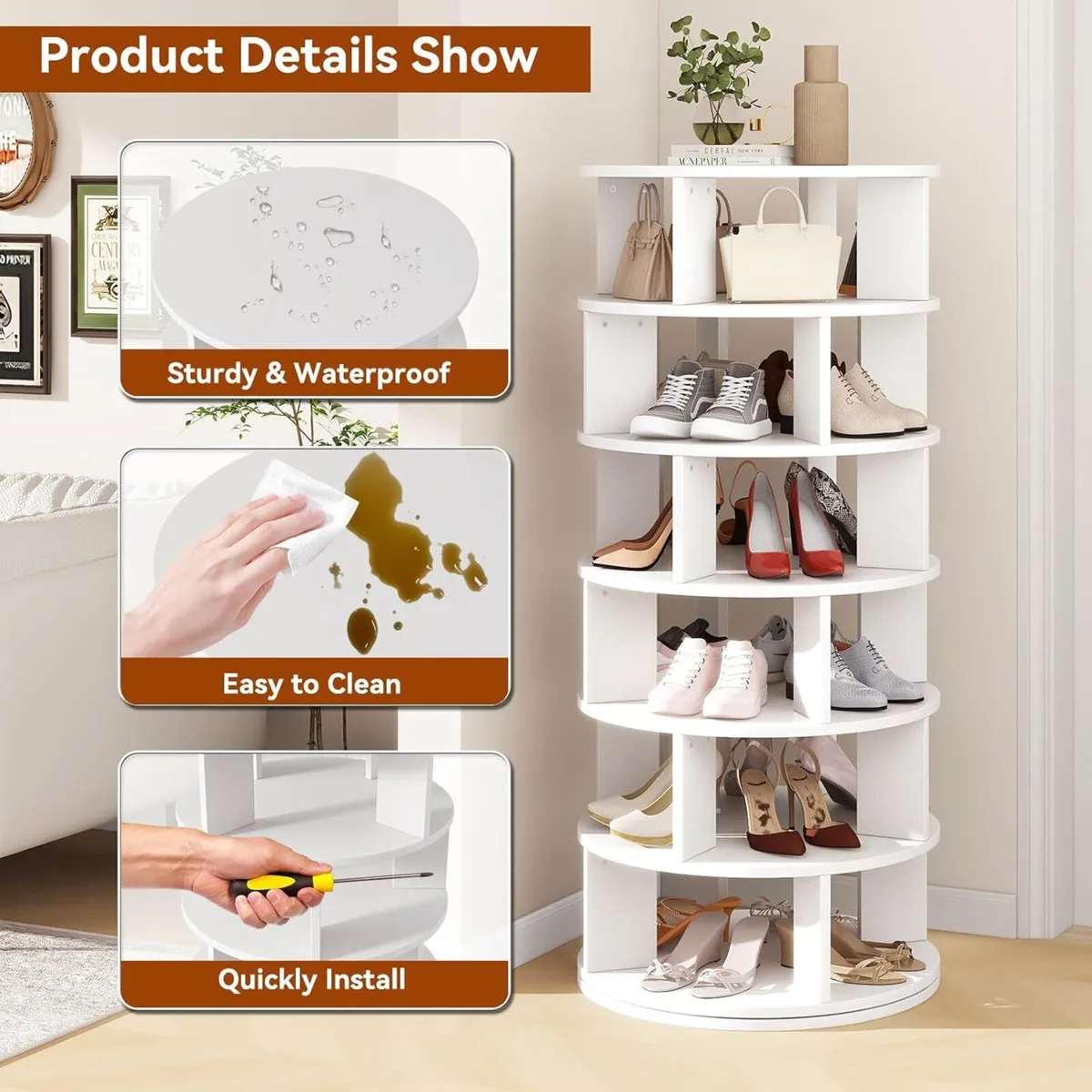 6 Tier Rotating Shoe Rack Wood 360degreesSpinning - Image 4