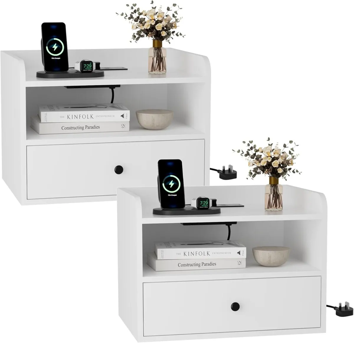 Bedside Table Set of 2 with Drawer and Charging - Image 1