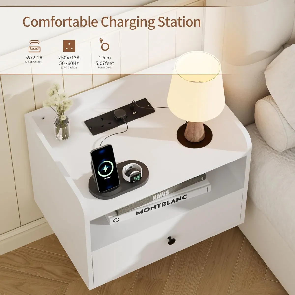 Bedside Table Set of 2 with Drawer and Charging - Image 4