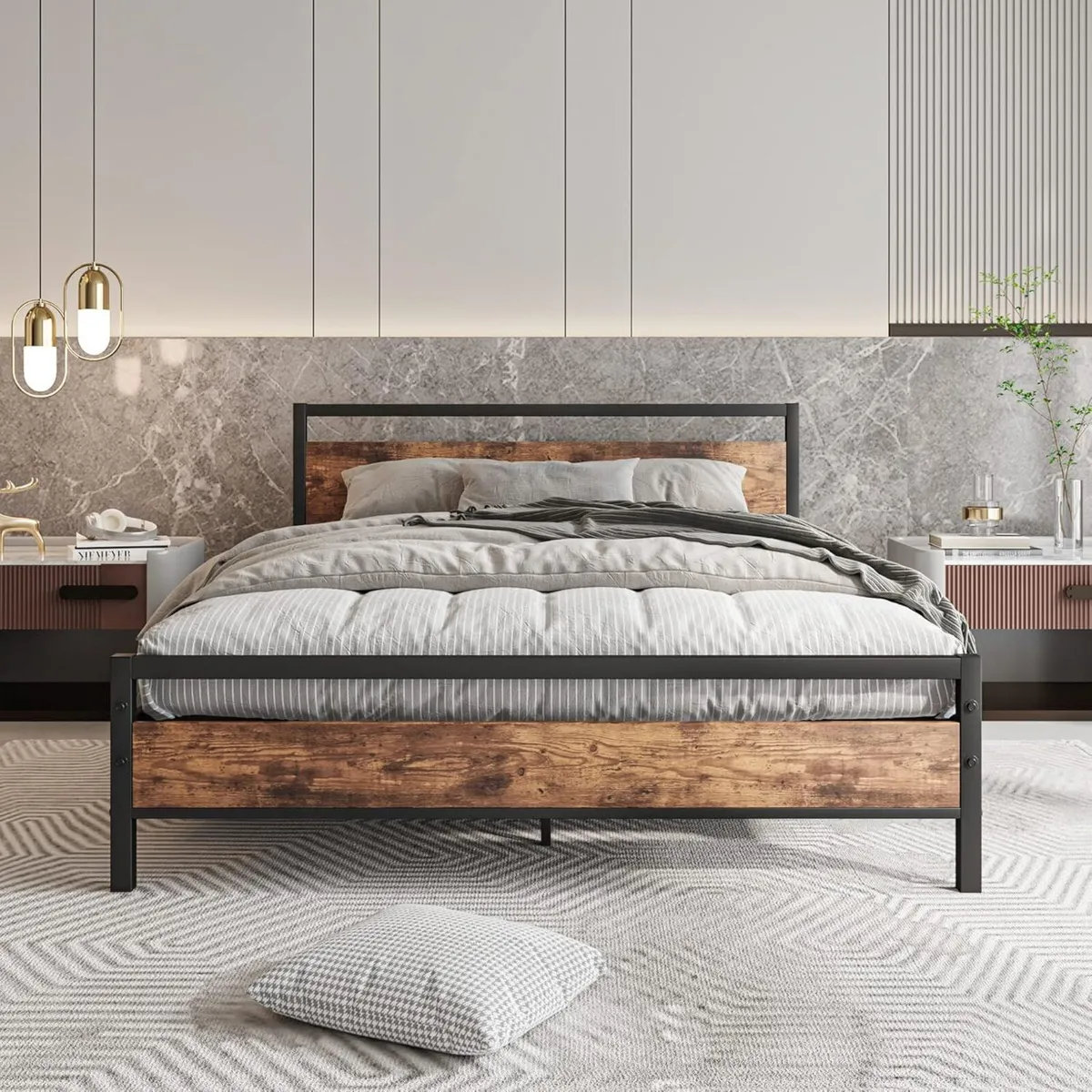 King Size Bed Frame with Wooden Headboard Metal - Image 1