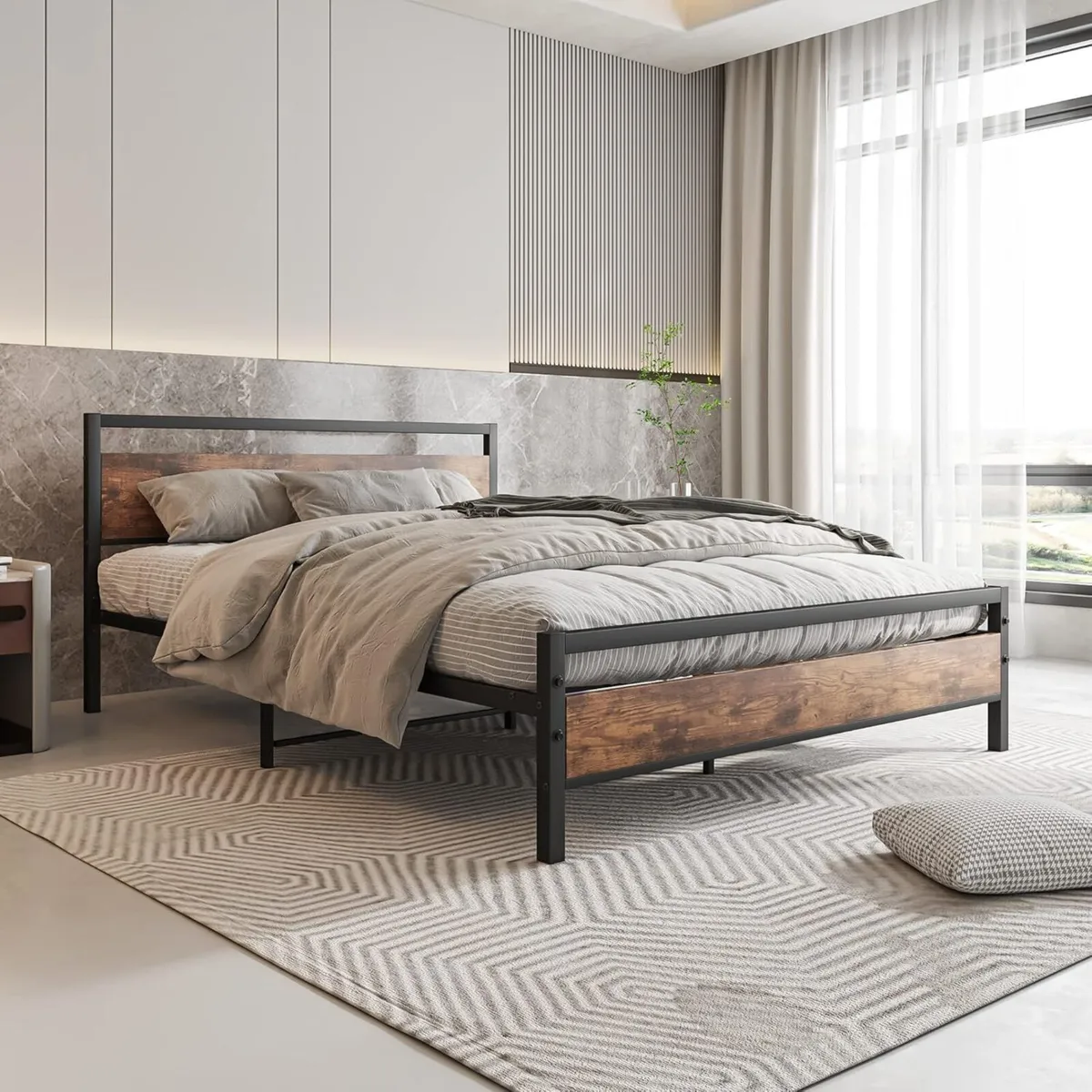 King Size Bed Frame with Wooden Headboard Metal - Image 3