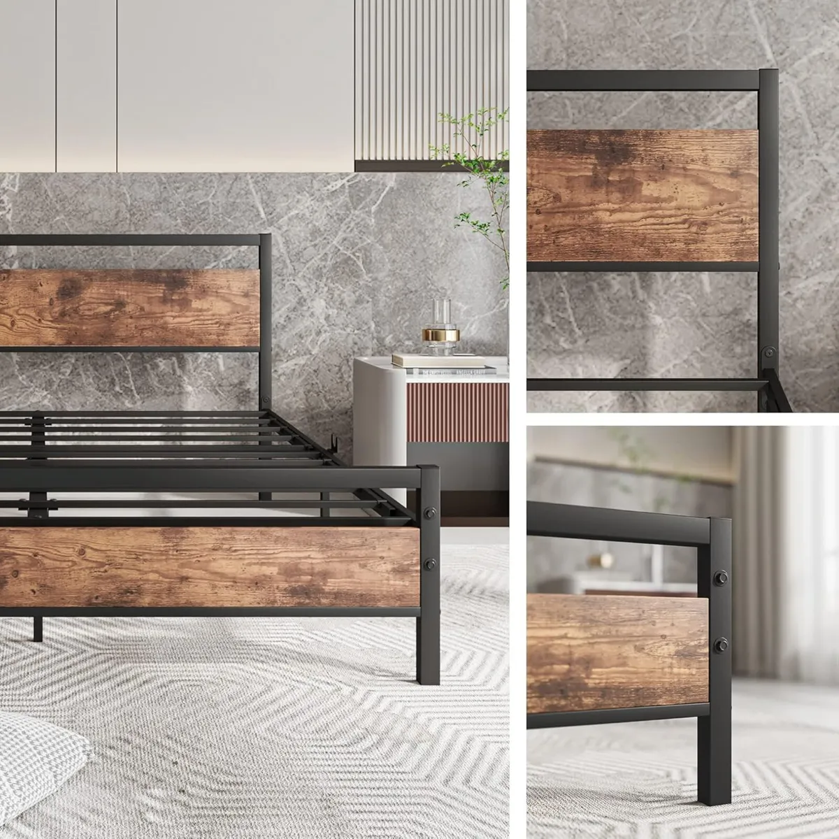 King Size Bed Frame with Wooden Headboard Metal - Image 4