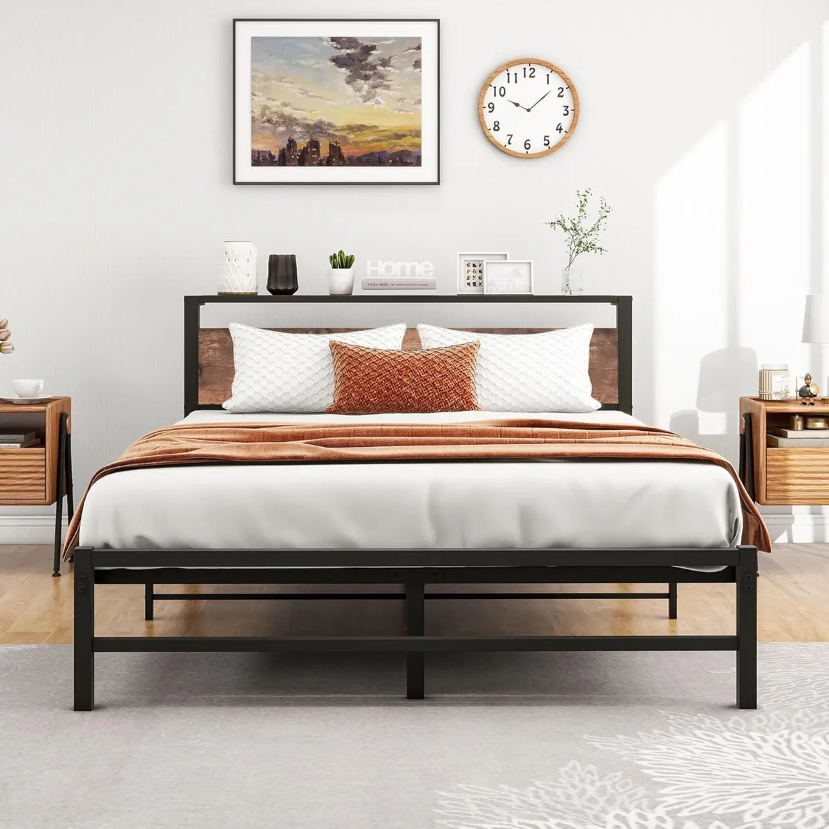 5ft King Metal Platform Bed Frame with Wooden - Image 1