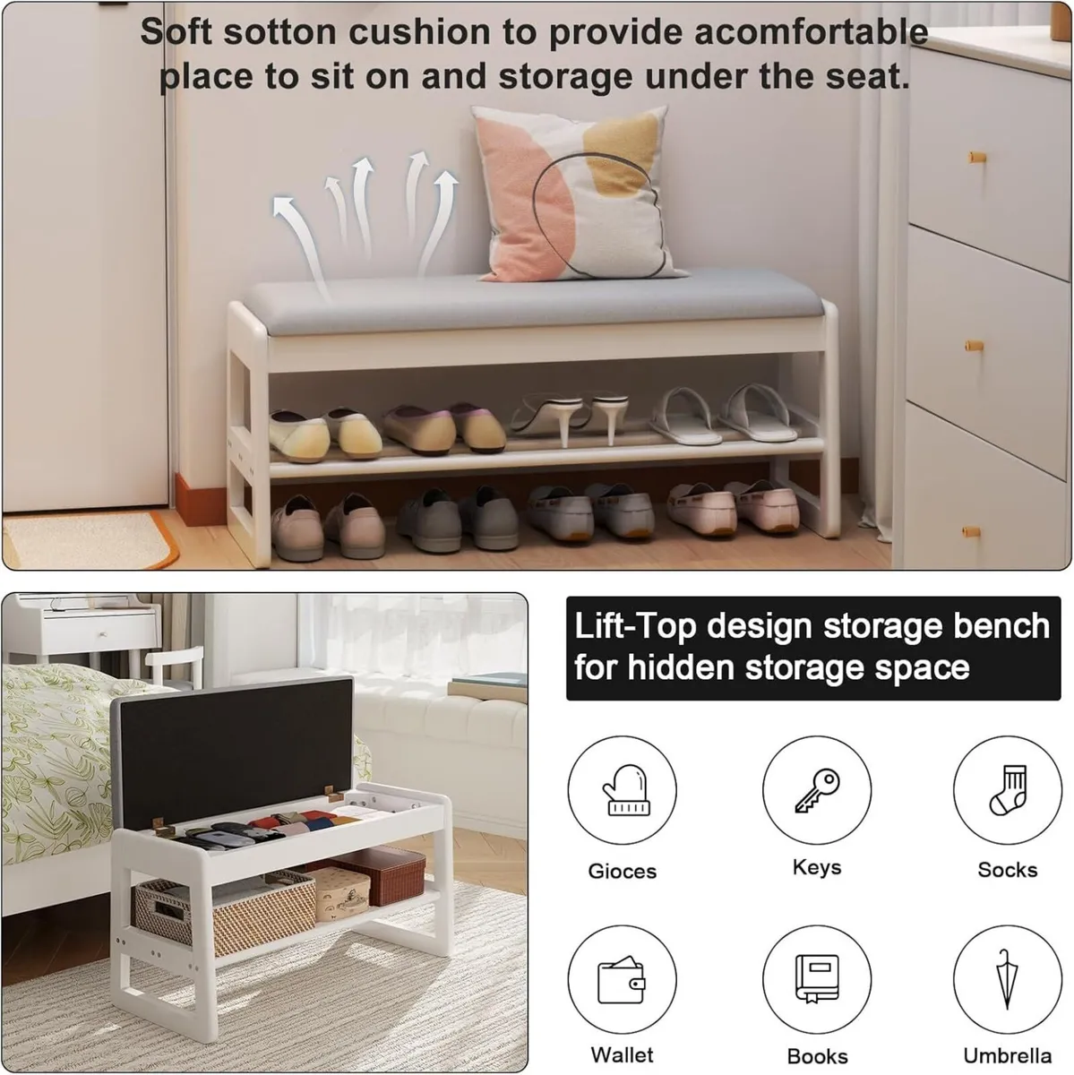 Small Shoe Bench with Cushion Storage Seat Wooden - Image 4