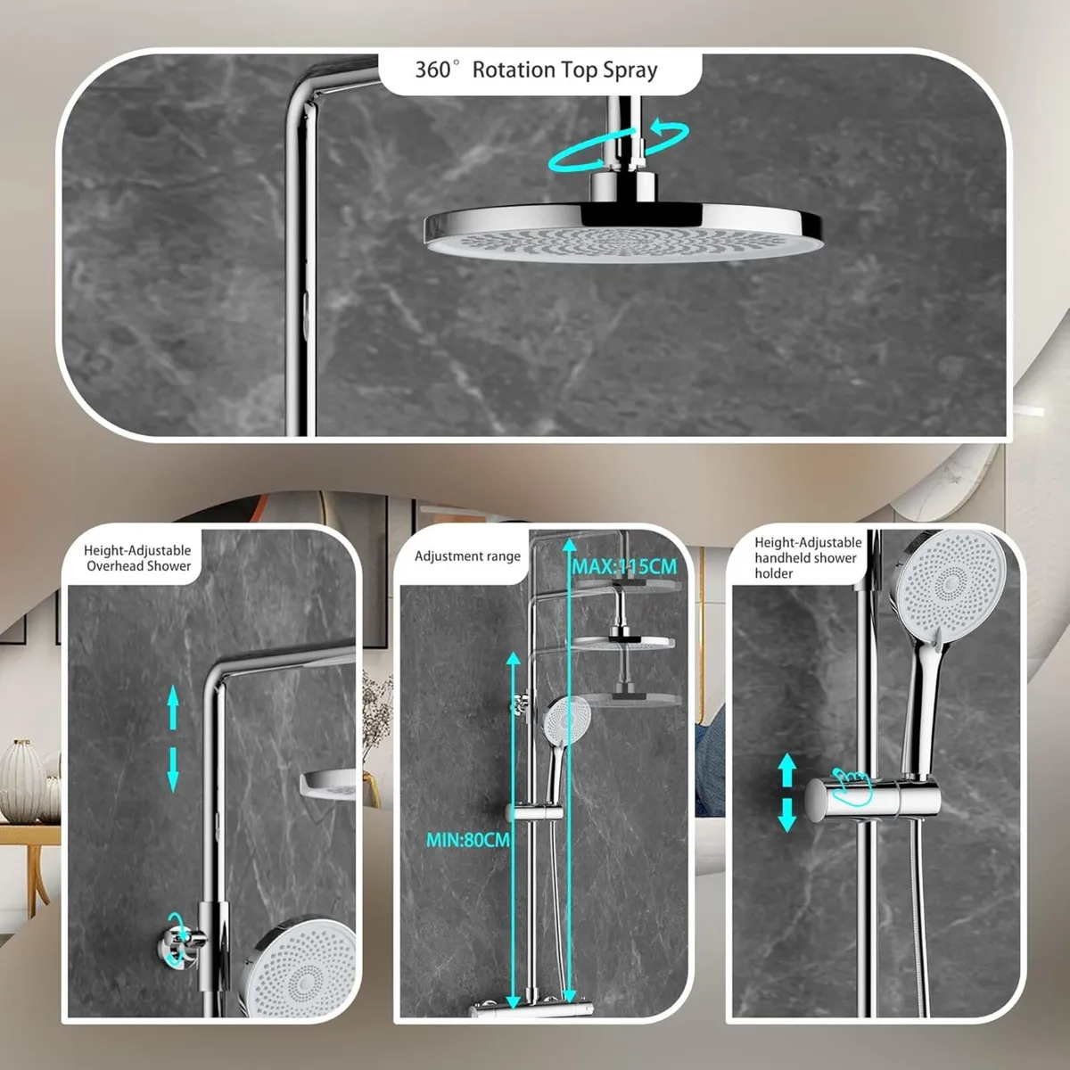 Thermostatic Shower Mixer Set Tap Adjustable - Image 4