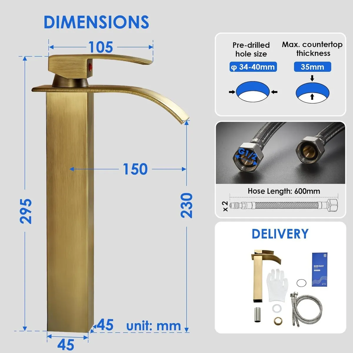Antique Brass Waterfall Tall Basin Mixer Tap - Image 2