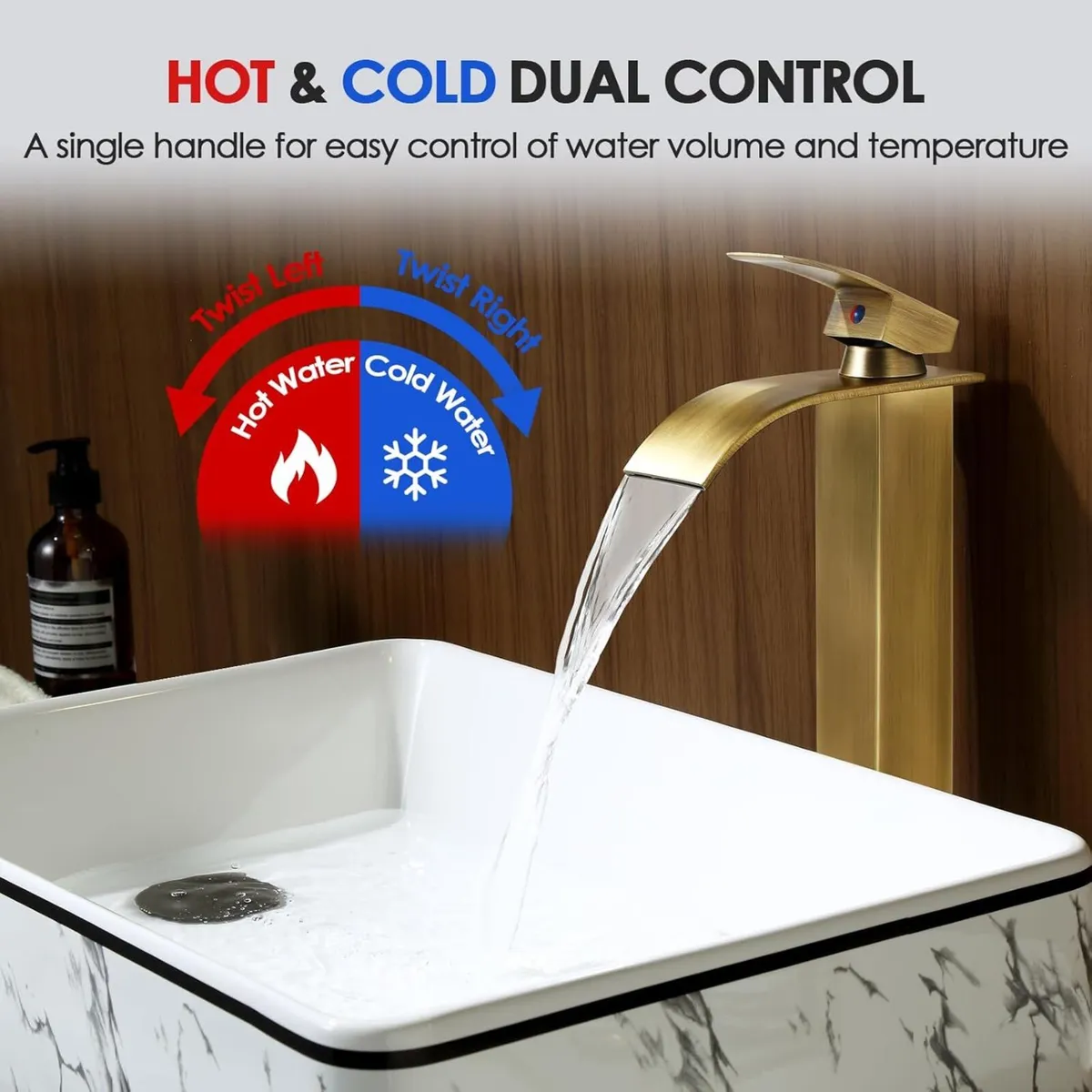 Antique Brass Waterfall Tall Basin Mixer Tap - Image 3