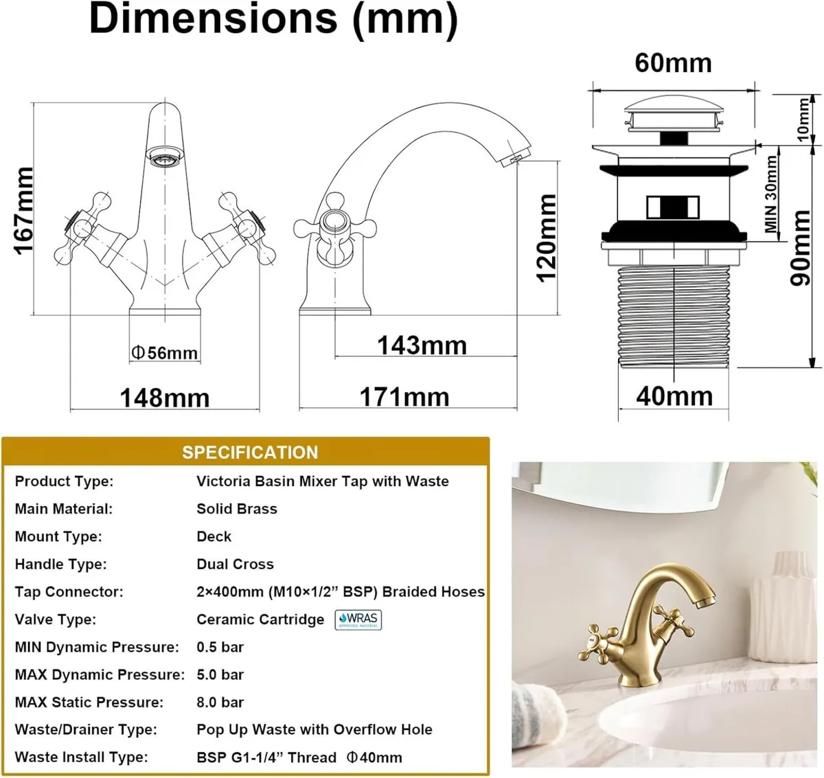 Victoria Golden Bathroom Sink Tap for Basin with - Image 3