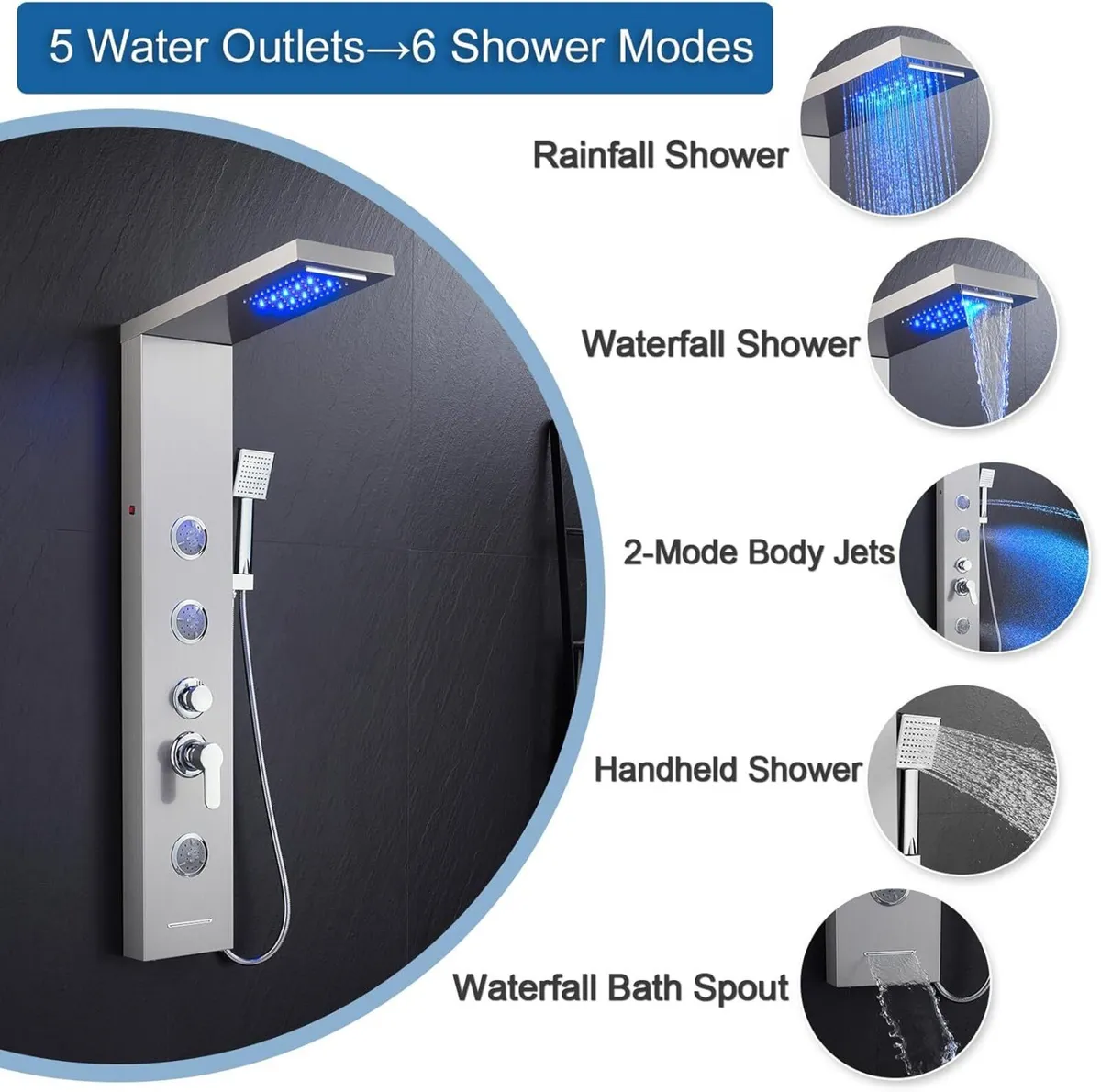 LED Shower Tower with Mixer 6 Modes: Rain＆Waterfal - Image 3