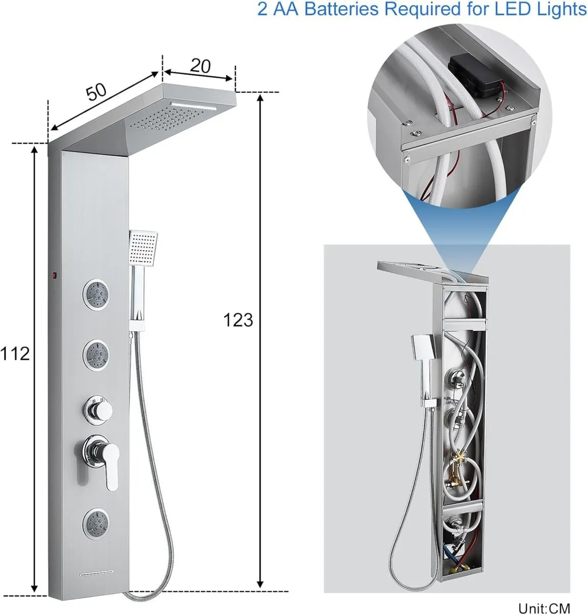 LED Shower Tower with Mixer 6 Modes: Rain＆Waterfal - Image 2