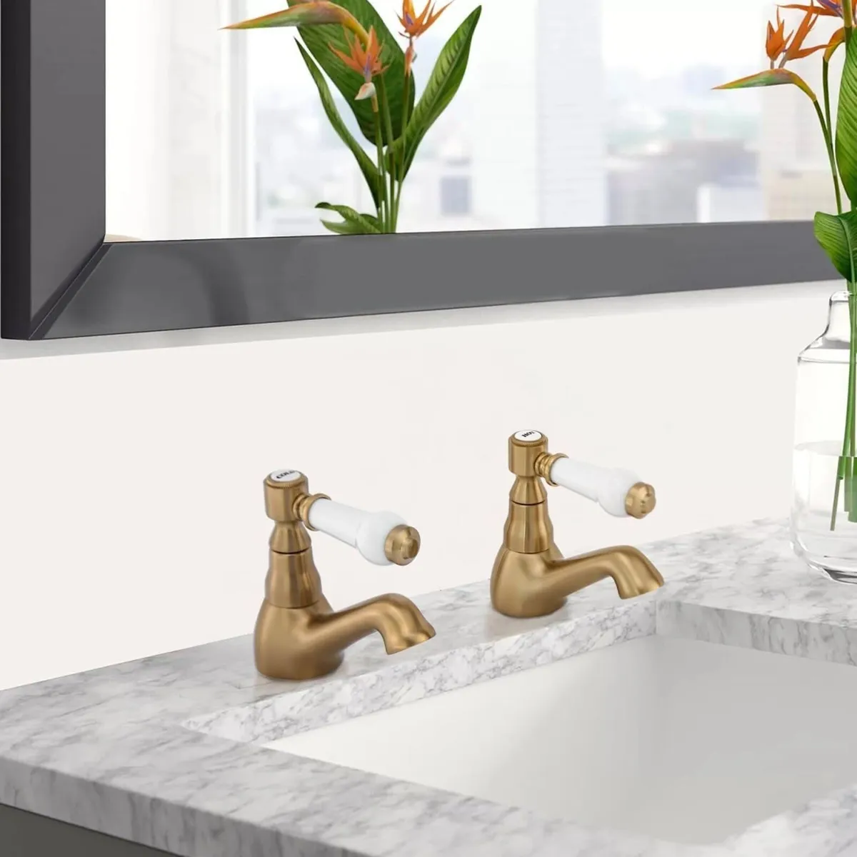 Brushed Gold Basin Taps Pair Victorian Bathroom - Image 4