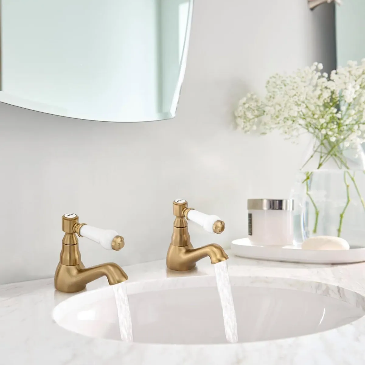 Brushed Gold Basin Taps Pair Victorian Bathroom - Image 2