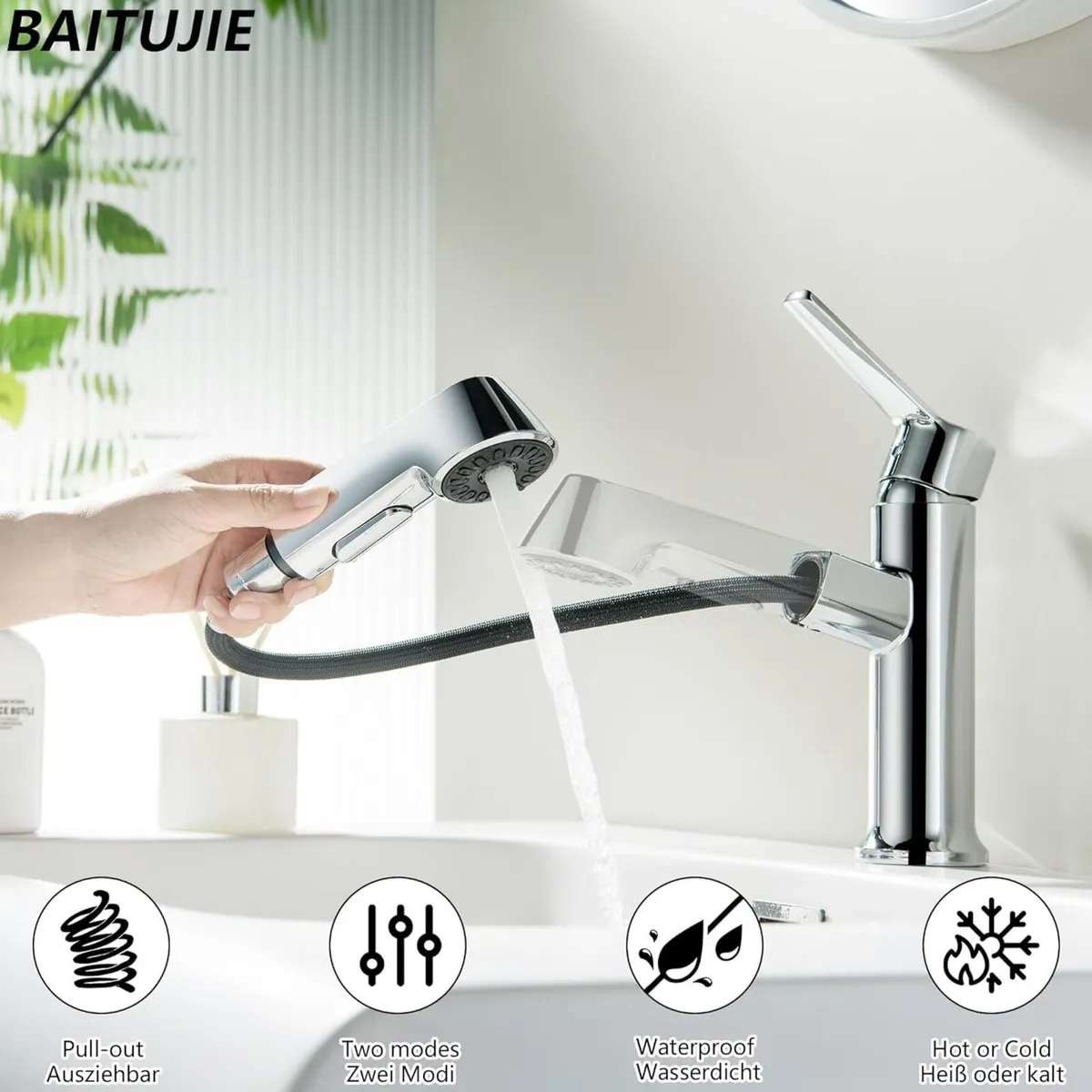 Bathroom Tap Washbasin with Pull-Out Shower Head - Image 3