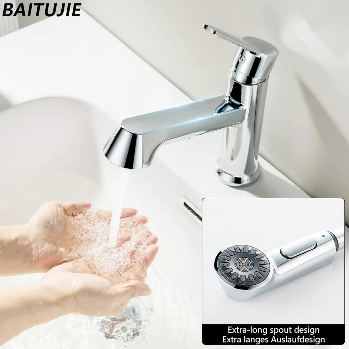 Bathroom Tap Washbasin with Pull-Out Shower Head - Image 4