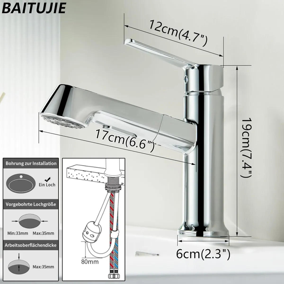 Bathroom Tap Washbasin with Pull-Out Shower Head - Image 2