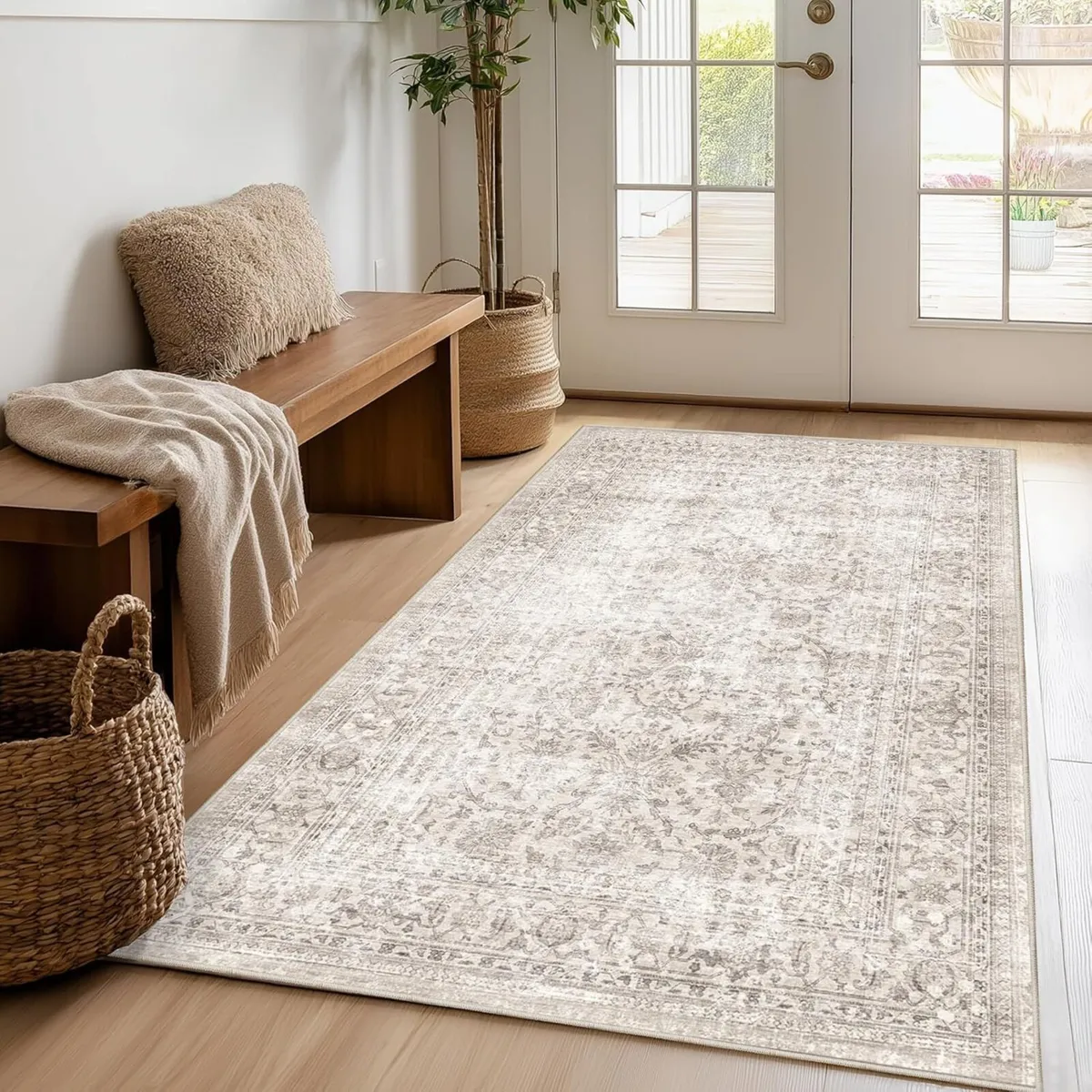 Washable Area Rug Neutral Vintage Beige Non Slip - Image 1