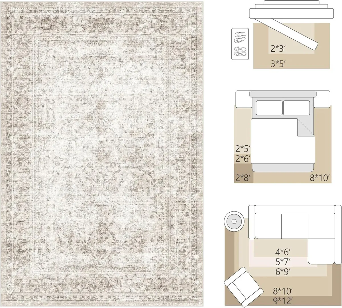 Washable Area Rug Neutral Vintage Beige Non Slip - Image 2