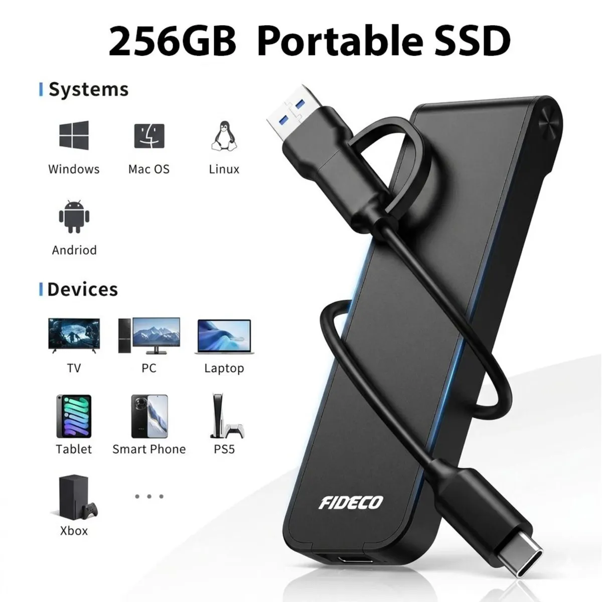256GB Portable External SSD USB-C 10Gbps Drive - Image 1