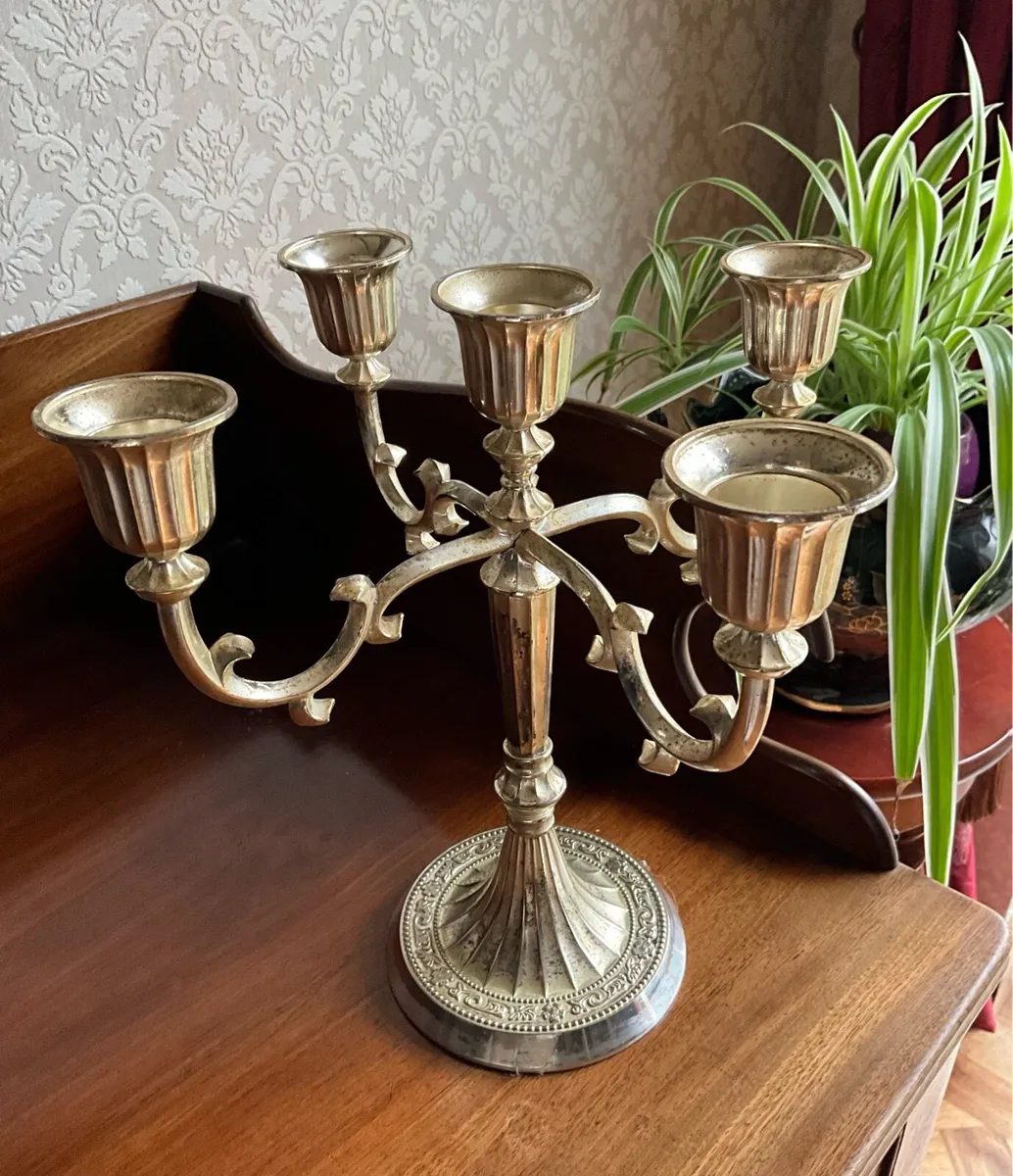 5 Branch Silver Plate Candelabra - Image 4