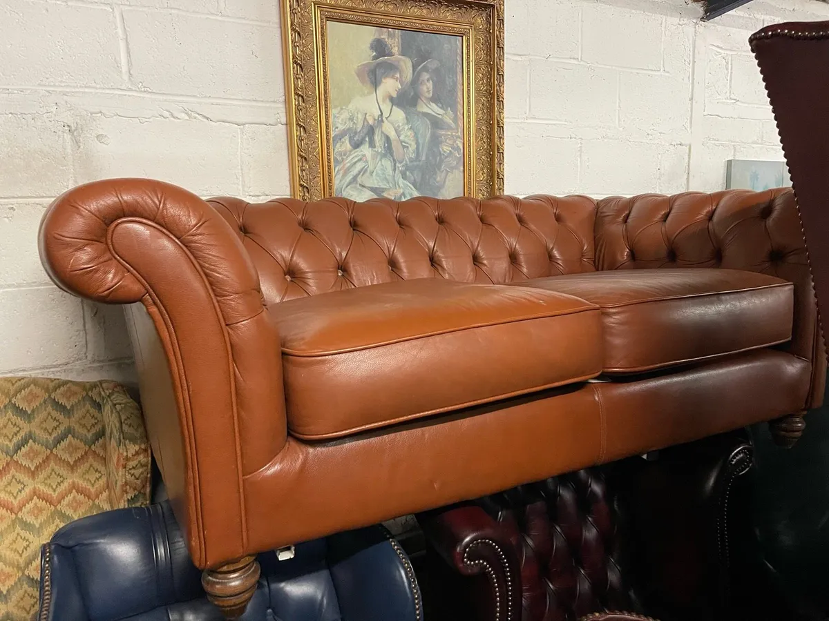 Tan leather chesterfield sofa - Image 3