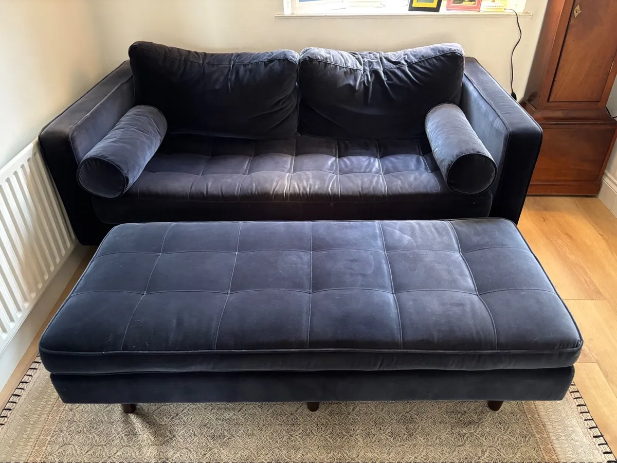 Scott Velvet 2 Seater Sofa Navy plus Ottoman - Image 1