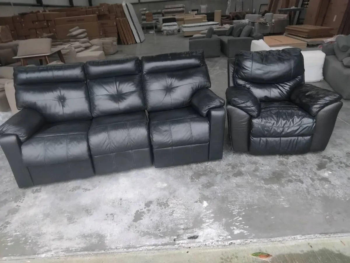 3 and 1 black leather recliner sofas