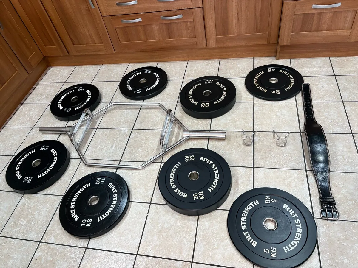 20KG HEX DEADLIFT BAR, OLYMPIC BUMPER WEIGHTS! - Image 1