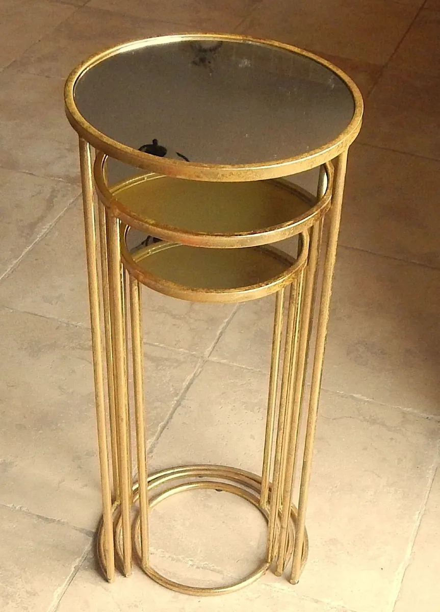 Nest of Metal Stands with Mirrored Glass Tops - Image 1