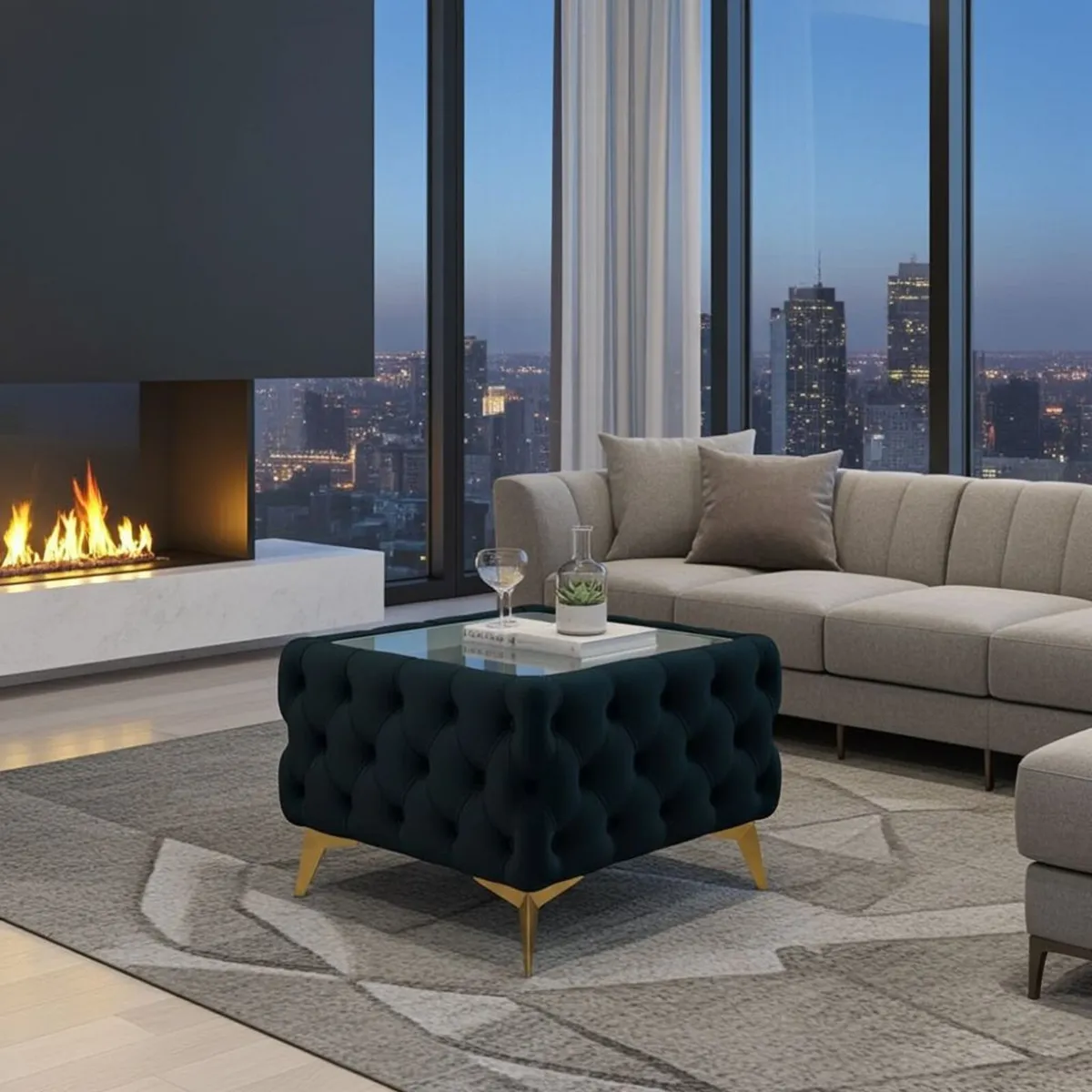 Chesterfield Velvet Square Coffee Table with Glass - Image 3