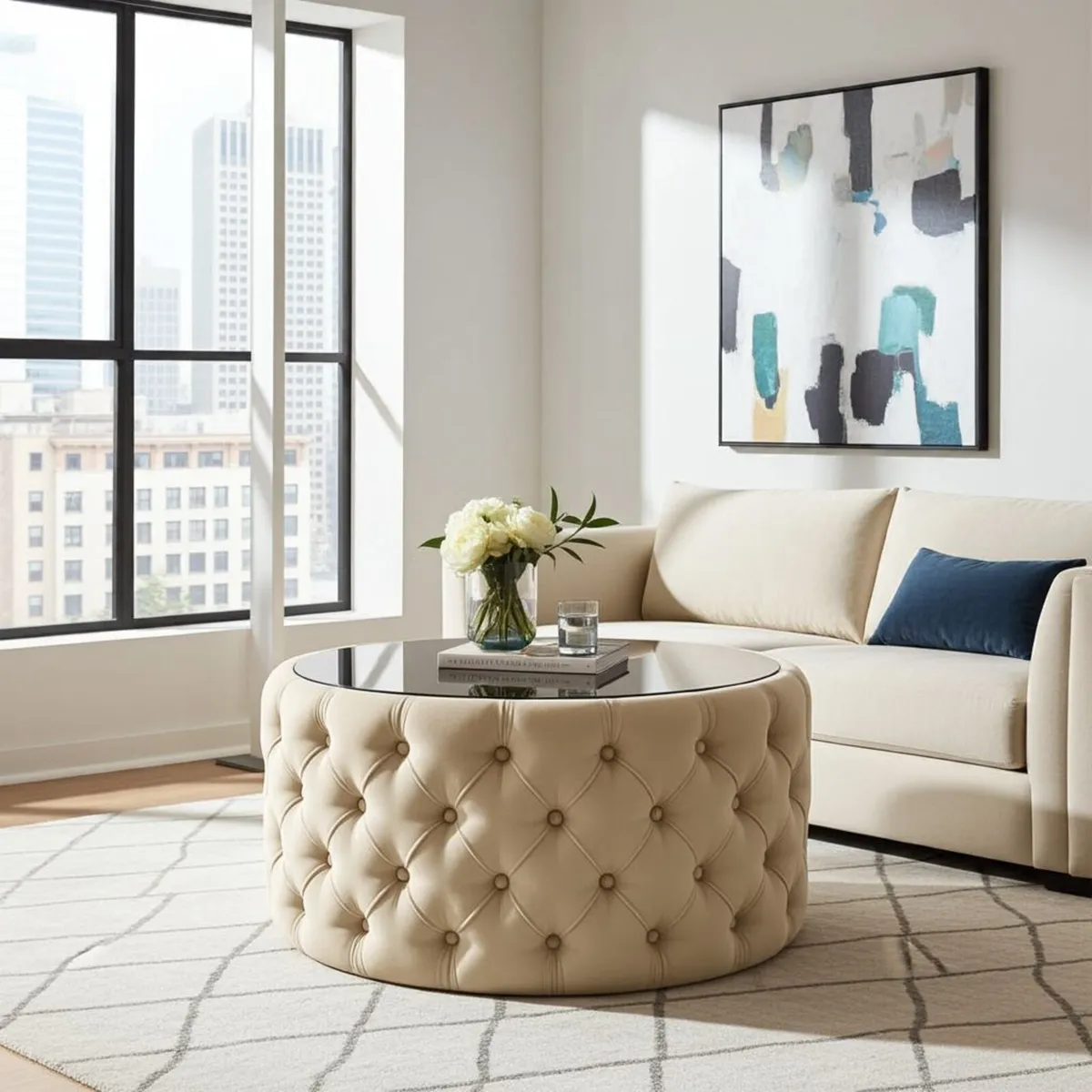 Velvet Button Round Coffee Table 60cm - Image 1