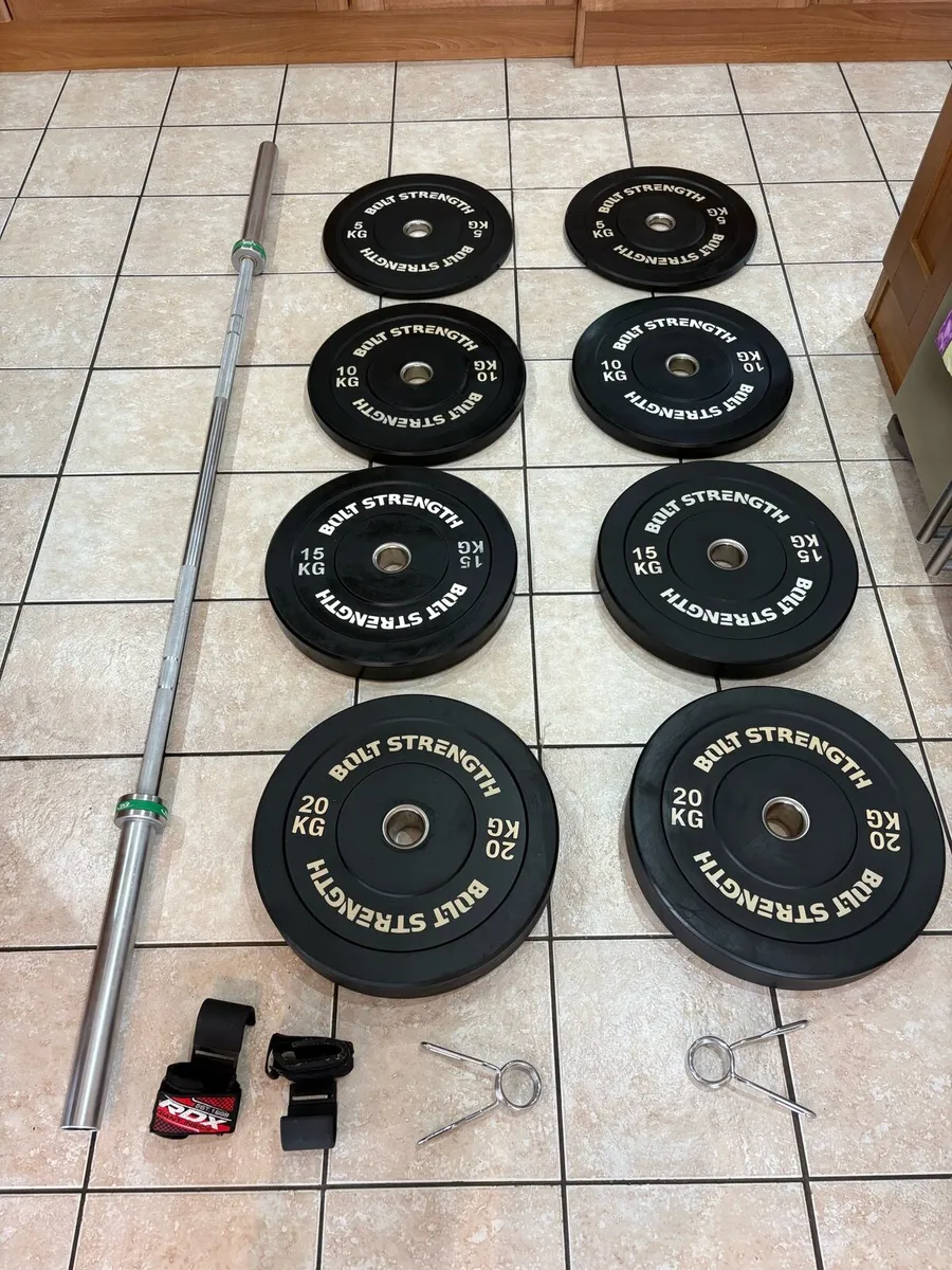 PERFECT OLYMPIC 20KG BARBELL + BUMPER PLATES SET!! - Image 1