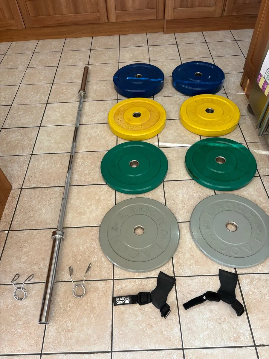 COLOUR OLYMPIC BUMPER WEIGHTS AND BARBELL! - Image 1
