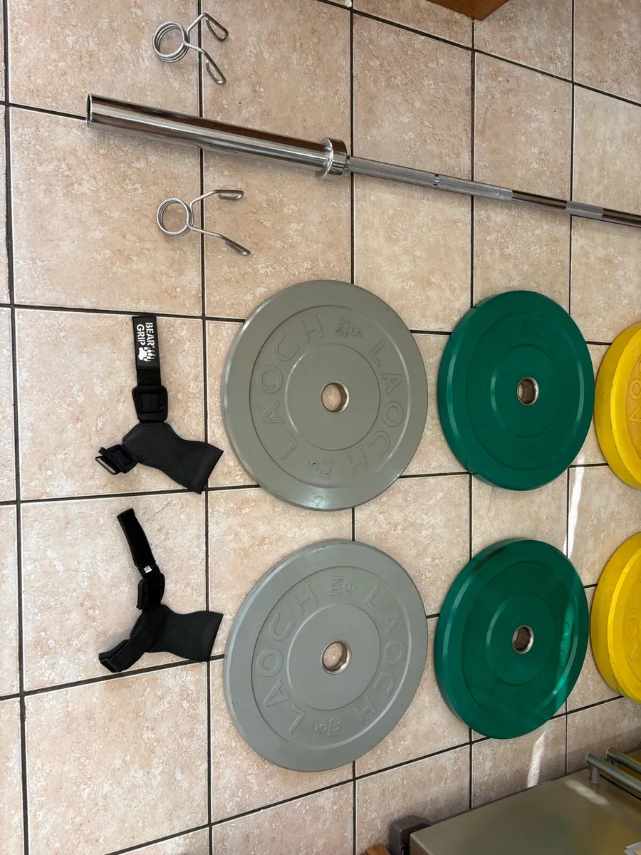 COLOUR OLYMPIC BUMPER WEIGHTS AND BARBELL! - Image 2