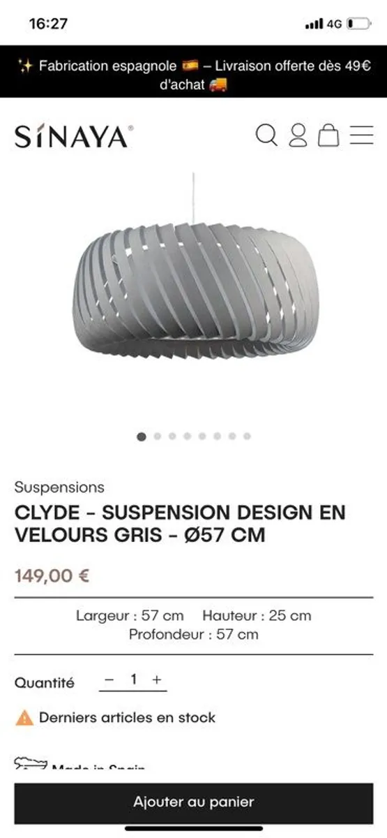 Clyde grey velvet lampshade 57x25cm - Image 1