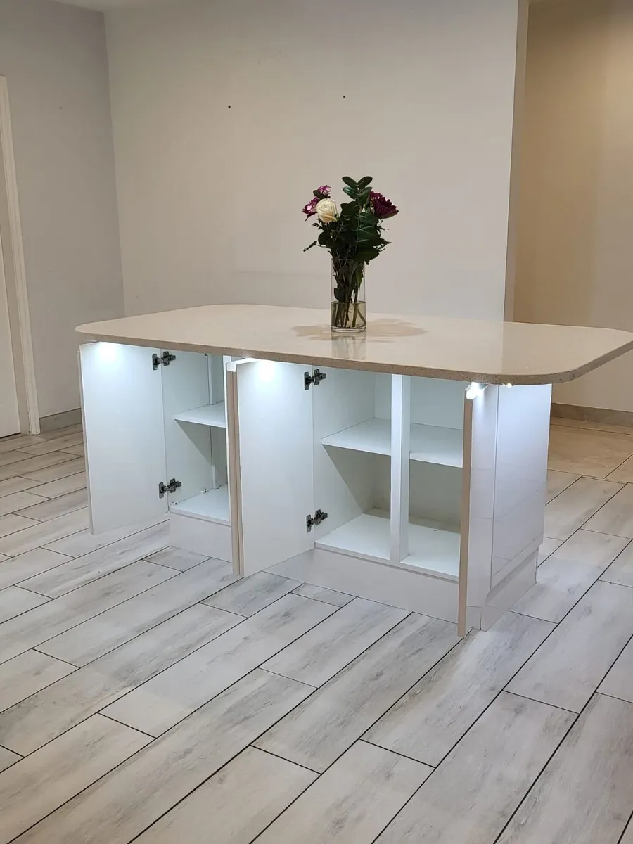 White Gloss Kitchen Island - c/w Quartz Worktop - Image 2