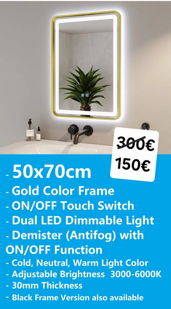 LED Bathroom Mirror 50x70cm Gold Antifog - Image 1